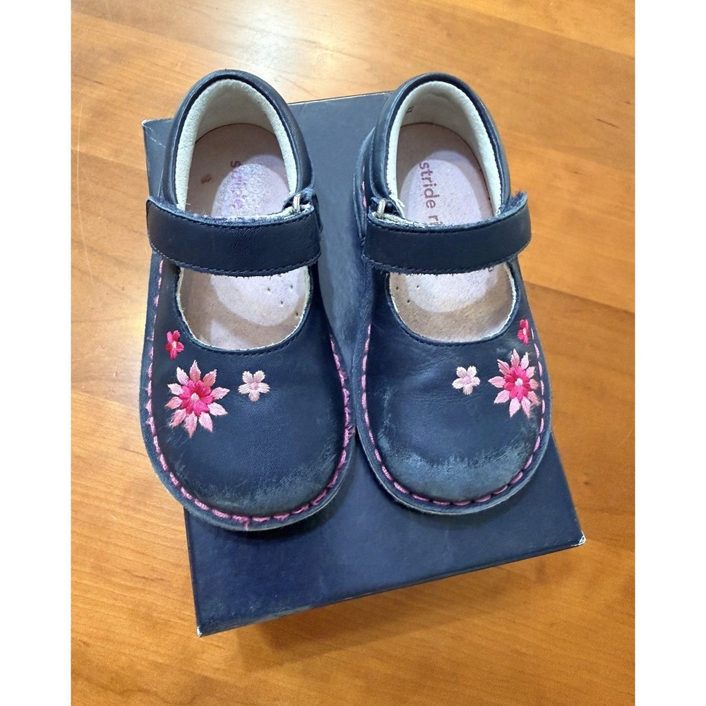 Stride Rite Claire Leather Hook & Loop Navy Floral Girls Shoes US 8M